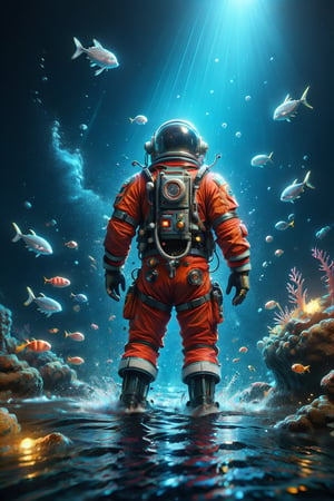 Epic undersea astronaut man made back in the day!!! Sea water!!!, intricate and hyper-detailed matte painting by Ismail Inceoglu, Erin Hanson, Gazelli, Hayao Miyazaki, Yoshitaka Amano, masterpiece, 8k resolution, artstation trend, volumetric lighting, unreal engine, deep sea, composition magnificent, composition, Apoloniasxmasbox, SINGLE 3D TEXT