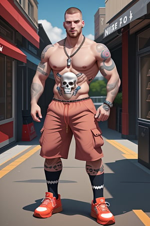 (masterpiece, only realistic, RAW photo, best quality:1.3), my best realistic manly masculine male chav punk English person, buzz cut, beard, wearing well-rendered fully-clothed masculine male  male chav large baggy shorts on, male chav neckchain with skull, necktattoo, chesthair, chesttattoo, armtattoo, bodytattoo, male earpiercing, male chav funny socks on, masculine chav big trendy sneakers on, near shop, bright day, summer, firm focus, handsome, he his him, highres image scan, symmetry, associated press, prod1gy