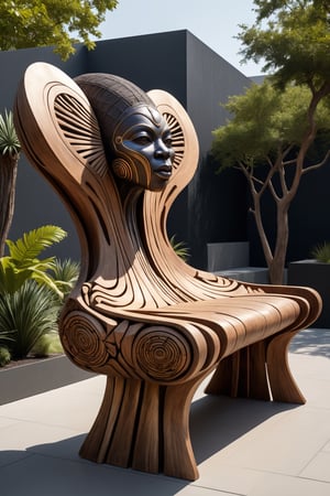 (masterpiece, best quality, high quality), fine art image design of an outdoors bench made of natural materials in alien shaped forms highly inspired by afro-futurism of Octavia Butler and Wangechi Mutu and Sun Ra, must be extremely original and professional design exposed in the best artificial focused installation with perfect realistic shape depth textures and highly intricate as in fine art