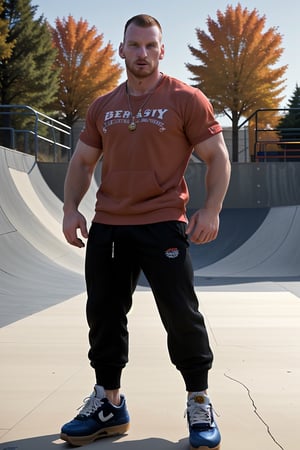 (masterpiece, only realistic, RAW photo, best quality:1.3), my best realistic manly masculine male chav punk English person, buzz cut, beard, wearing well-rendered fully-clothed masculine male skater large baggy chavwear on, skateboarding park, firm focus, handsome, he his him, highres image scan, symmetry, associated press, prod1gy