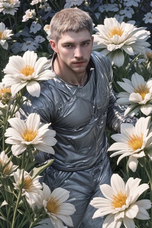 my favorite image of a handsome male miner near flowers, symmetry is excellent, highres image scan,  centrefold, professional  smooth clear clean image, no crop, exceptional well-generated symmetric perfect masculine (lantzer) male miner person, buzzcut, softglow effect, matte, realistic,photorealistic,Masterpiece
