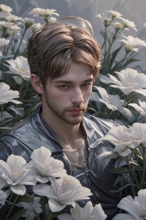 my favorite image of a handsome male miner near flowers, symmetry is excellent, highres image scan,  centrefold, professional  smooth clear clean image, no crop, exceptional well-generated symmetric perfect realistic masculine (lantzer) male miner person,softglow effect, matte, realistic,photorealistic,Masterpiece