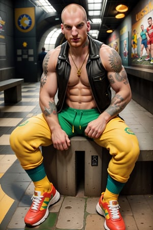 (MASTERPIECE, only realistic, high quality), a punk chav masculine manly male English lad sitting on the pavement under realistic famous MASP musem in SaoPaulo_\(Real World Location\), close from above as he displays his Brazilian themed tattoes on his arms, wearing well-clothed ultra large official Brazilian soceer shirt, wearing well-shaped large male chav yellow and gree top-high sneakers and large male chav funny socks, best angle, realistic, realism, well-shaped absurd-harndome pale tall thin person head hair face eyes everytyhing, intricated alive background with humans in line to buy a ticket for the museum, aghast versus zeitgast, rendered in SFM high, dement depth of field, chiaorscuro under the MASP museums shadows, buzy Paulista avenue with traffic light, prod1gy never been so confuse and handsome atthe same time, photoreaslitic, highres image scan, associated press, centrefold, uhd, no crop
,prod1gy