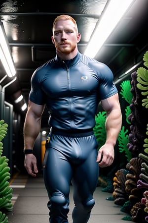 my favorite image of the best perfectly-shaped realistic masculine hacker male ginger handsome person at the hightech laboratory, ult facialhair 33yearold masculine , thick arms, large hands, neoprene masculine hackerwear on, (cross-walking inside the high-tech (underwater) tunnel), symmetric limbs person everything, in fully-clothed masculine hackerwear, high-tech, masterpiece, realistic, highres image scan, very smooth clear clean high-tech image, uhd, centrefold, associated press, no crop, dynamic view, large bulky tough, (he him his), brutalist, highly detailed,lantzer with pale matte ginger hair, tall,