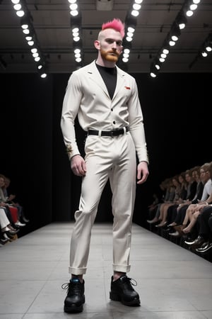 Tall, pale slender male model stands confidently on the catwalk, striking an intense pose. He wears well-rendered post-modern malewear, including bold patterns and textures, paired with statement-making male footwear. His ginger faux-mohawk hairstyle adds a touch of edginess to his overall look. A softglow effect illuminates his features, emphasizing the intricate details of his outfit. The camera captures him in full-height, showcasing his dramatic pose amidst the vibrant atmosphere of the high-fashion show, lantzer