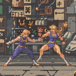 (masterpiece), (best quality, high quality), best perspective picture of a side-scrolling video-game scene of adult 2heroes fighting another multiple-enemies at the urban street, isometric view, side view, realistic fighting movement, high-action:1.125, (new, newest, original, epic fighting video-game composition, best side-scrolling fighting scene video-game design), best-seller, pixel art, hack-and-slash video game style:1.2, symmetric pixels, perfect geometry, Streets of Rage video-game, Final Fight/video-game, Art of Fighting/arcade, Golden Axe_/(Video-game)/, capcom, snk, konami, sega, PixelArt, honest, humble, sober pixels, 1980s Arcade games style, fate/series, ufotable, clamp, Street Fighter/series, ,PixelArt,CARTOON,STYLE,CHARACTER,<lora:659111690174031528:1.0>