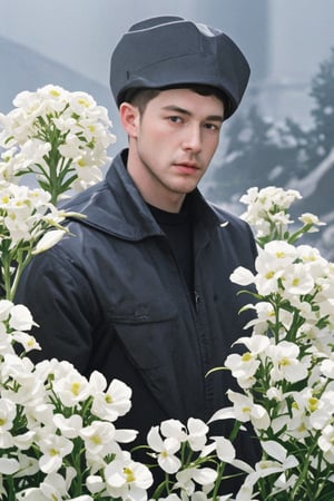 my favorite image of a handsome male miner near flowers, symmetry is excellent, highres image scan,  centrefold, professional  smooth clear clean image, no crop, exceptional well-generated symmetric perfect masculine (lantzer) male miner person,softglow effect, matte, realistic,photorealistic,Masterpiece