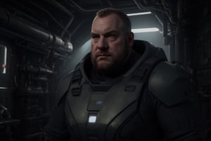 (masterpiece, only realistic, high quality), a well-shaped masculine handsome fat dilf 1man looking at viewer in male focus while  inside spaceship, short hair, brown facialhair, he his him, sense of explorating new worlds, highres image scan, associated press, realistic, photorealistic, real life, real, smooth clear clean, softglow effect, outstanding, different original creative, new angle view, cinematic, scifi action movie style, inspired by Ridley Scott, (ActionVFX) for extra alien atmosphere, rich, interesting, truly nice vibrating professional award-winning image in uhd, high-definition, surprising, joyful, leds, neon, light particles, alien map, holograms, trending on IMDB, paramount studios, futuristic, chiaroscuro colorful, HIGHLY DETAILED, SHARP FOCUS, ,b33rb3lly