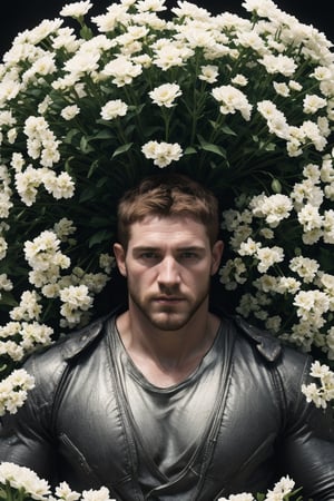 my favorite image of a handsome male miner near flowers, symmetry is excellent, highres image scan, associated press, centrefold, professional shutterstock smooth clear clean image, no crop, exceptional well-generated symmetric perfect masculine (lantzer) male miner person,softglow effect, matte, realistic,photorealistic,Masterpiece