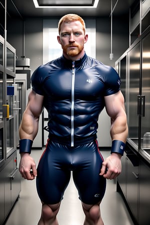 my favorite image of the best perfectly-shaped realistic masculine hacker male ginger handsome person at the hightech laboratory, ult facialhair 33yearold masculine , thick arms, large hands, neoprene masculine hackerwear on, standing near high-tech machine in laboratory which is surprising!, symmetric limbs person everything, in fully-clothed masculine hackerwear, high-tech, masterpiece, realistic, highres image scan, very smooth clear clean high-tech image, uhd, centrefold, associated press, no crop, dynamic view, large bulky tough, (he him his), brutalist, highly detailed,lantzer with pale matte ginger hair, tall,