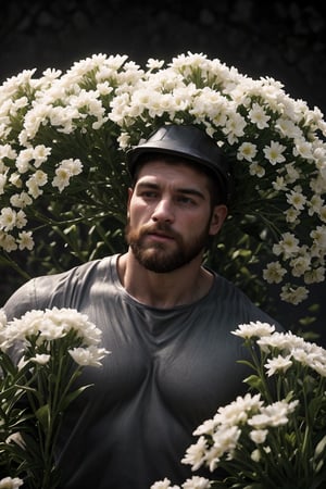 my favorite image of a handsome male miner near flowers, symmetry is excellent, highres image scan, associated press, centrefold, professional shutterstock smooth clear clean image, no crop, exceptional well-generated symmetric perfect masculine (lantzer) male miner person,softglow effect, matte, realistic,photorealistic