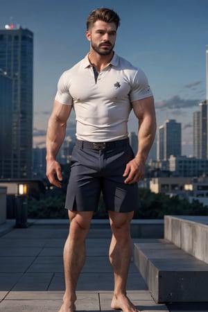 only realistic, good masculine quality, on the rooftop of a skyscraper in miami he his him can admire the whole city view, handsome masculine bearded perfectly-shaped male person head hair eyes face limbs body symmetric everything, wearing extraordinary-rendered real masculine male large baggy hellokitten shirt on and male large golf shorts on, side-standing or whatever, best man ever, star lit sky, depth of field, professional smooth clear clean digital art, trending on cgsociety, summer, clear night, beautiful masculine composition, his malewear is topnotch, symmetry is excellent, highres image can,