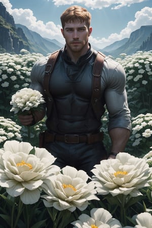 my favorite image of a handsome male miner near flowers, symmetry is excellent, highres image scan,  centrefold, professional  smooth clear clean image, no crop, exceptional well-generated symmetric perfect masculine (lantzer) male miner person,softglow effect, matte, realistic,photorealistic,Masterpiece