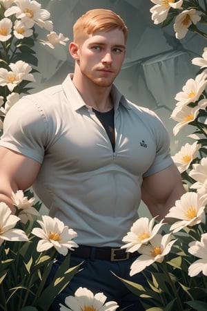 my favorite image of a handsome male miner near flowers, symmetry is excellent, highres image scan,  centrefold, professional  smooth clear clean image, no crop, exceptional well-generated symmetric perfect masculine (lantzer) male miner person, pale ginger short hair, undercut, softglow effect, matte, realistic,photorealistic,Masterpiece