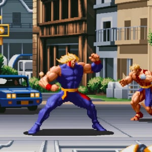(masterpiece), (best quality, high quality), best perspective picture of a side-scrolling video-game scene of adult 2heroes fighting another multiple-enemies at the urban street, isometric view, side view, realistic fighting movement, high-action:1.125, (new, newest, original, epic fighting video-game composition, best side-scrolling fighting scene video-game design), best-seller, pixel art, hack-and-slash video game style:1.2, symmetric pixels, perfect geometry, Streets of Rage video-game, Final Fight/video-game, Art of Fighting/arcade, Golden Axe_/(Video-game)/, capcom, snk, konami, sega, PixelArt, honest, humble, sober pixels, 1980s Arcade games style, fate/series, ufotable, clamp, Street Fighter/series, ,PixelArt,CARTOON,STYLE,CHARACTER,<lora:659111690174031528:1.0>
