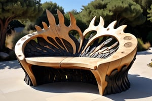 (masterpiece, best quality, high quality), fine art image design of an outdoors bench made of natural materials in alien shaped forms highly inspired by afro-futurism of Octavia Butler and Wangechi Mutu and Sun Ra, must be extremely original and professional design exposed in the best artificial focused installation with perfect realistic shape depth textures and highly intricate as in fine art, isometric view,