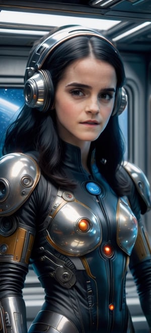 breathtaking close up photorealism photo of Caucasian woman with black hair wearing mech suit indoors (on alien spaceship) by Craig Davison, Dave Dorman, and Drew Struzan, symmetrical outfit. patch panels, computers, buttons, switches, screen, window with a view of outer space. wearing bubble helmet, face visible. high quality, photorealism, chromatic aberration, lens distortion, sharp focus, highest detail.