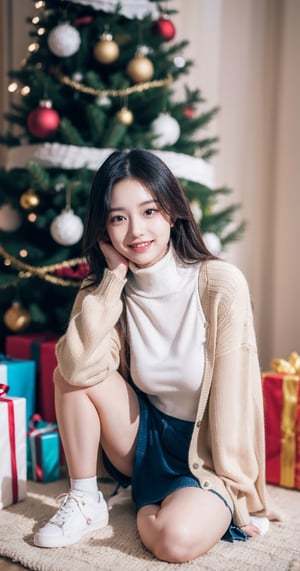 Masterpiece, highest quality, realistic, very fine details, high resolution, 8K wallpapers), 1 beautiful woman, Korean, 18 years old, bright smile, sitting on the floor next to a Christmas tree, long black hair, medium breasts, brown eyes, small hair, beautiful eyes, long eyelashes, Detailed and realistic bright skin texture, height 170, frontal shot, full body shot, side shot prohibited, very short skirt, sneakers, high neck lace pin tuck block blouse, Ramon knit cardigan,realhands