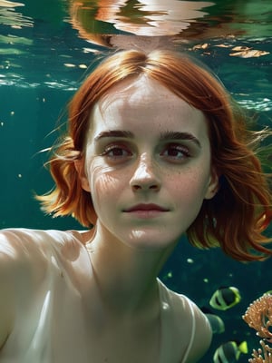 photo r3al, best quality, adult female, Emma Watson's face, relaxed, copper hair, (freckles on bridge of nose:0.3), underwater, photorealistic, ultra realistic, (small breasts), upper body, realistic eyes, (sea plants:0.5), (bubbles:0.5), nude, naked, nsfw, upper body, skinny, waves, swimming, (closed mouth), detailed face, (((closed eyes))), happy, floating hair