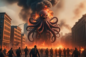 photo of a huge monster with many tentacles destroying buildings, some buildings are burning, huge city, view from below, humans are running, burning cars,aw0k magnstyle,HellAI,fire, photo realistic, ultra detailed,skull, many buildings in the background,cinematic  moviemaker style,monster,demon