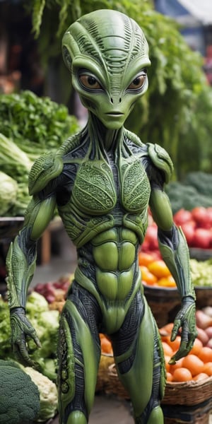 1 alien, alone, huge eyes, intricate details in the skin, green with gradients to gray, humanoid body with futuristic armor with intricate details, extraterrestrial world background with exotic vegetation from another planet, extreme quality, maximum detail, masterpiece, perfect hands with 3 toes, perfect feet,alienzkin, standing inside a market, vegetable isles everywhere