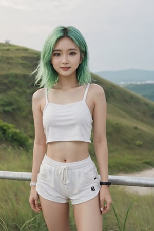 1girl, 25 years old girl standing on hill, cute asian girl, full body portrait, small breasts, long green hair, wearing white sneakers, wearing white comfy shorts, bright white skin, smooth skin, slight smile on her face, beautiful face, photorealistic,LinkGirl,FilmGirl
