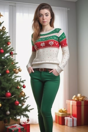 Highly detailed photorealistic image of a 25 years old Irish girl standing next to a Christmas tree. The girl is wearing tight green pants and a sweater. The pants are very low rise. Belly button is clearly visible. Hands on the hips. alluring view. Bright white skin.