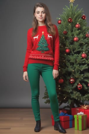 Highly detailed photorealistic image of a 25 years old French girl standing next to a Christmas tree. The girl is wearing tight green pants and a red sweater. The hair of the girl is bright green. 