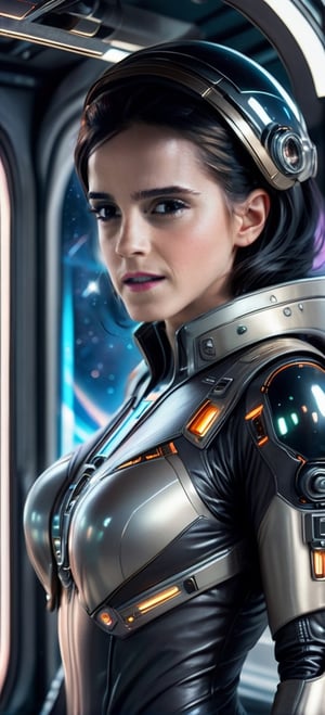 breathtaking close up photorealism photo of Caucasian woman with black hair wearing mech suit indoors (on alien spaceship), pointy breasts, symmetrical outfit. patch panels, computers, buttons, switches, screen, window with a view of outer space. wearing bubble helmet, face visible. high quality, photorealism, chromatic aberration, lens distortion, sharp focus, highest detail.