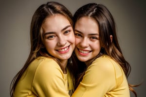 2girls, 2 girls wearing tight yellow pants, hugging each other, highly detailed, high quality, photorealistic, realistic face, smiling face,Detailedface