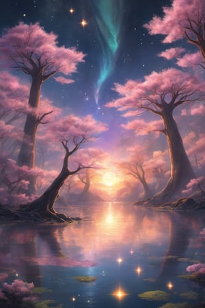 A wide angle visualization of a mystical scene of a sunset, showing a starry night filled with clouds, there is a reflection of a sakura tree in the sea in the center, illuminated by fireflies, an epic moment of quiet contemplation and understanding the meaning of your journey. highly detailed, uhd anime wallpaper, digital animation, epic, beautifully pictorial,painted world