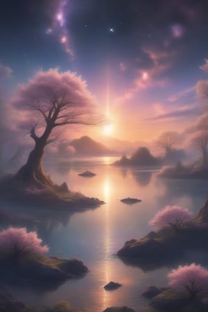 A wide angle visualization of a mystical scene of a sunset, showing a starry night filled with clouds, there is a reflection of a sakura tree in the sea in the center, illuminated by fireflies, an epic moment of quiet contemplation and understanding the meaning of your journey. highly detailed, uhd anime wallpaper, digital animation, epic, de gra bellesa pictorica, worthy of surrealism