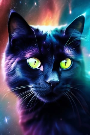 Interstellar nebula, beautiful head of a black cat covered by nebula, blurred colors, realistic, 4k.,realcat