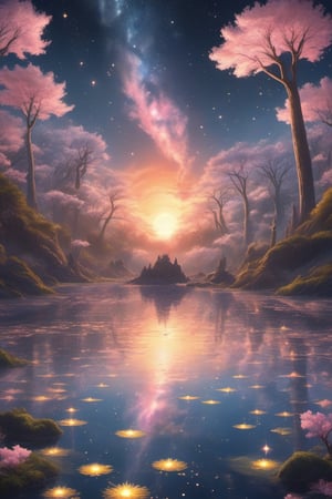 A wide angle visualization of a mystical scene of a sunset, showing a starry night filled with clouds, there is a reflection of a sakura tree in the sea in the center, illuminated by fireflies, an epic moment of quiet contemplation and understanding the meaning of your journey. highly detailed, uhd anime wallpaper, digital animation, epic, beautifully pictorial,