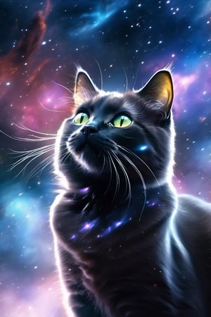 Interstellar nebula, beautiful head of a black cat covered by nebula, blurred colors, realistic, 4k.,realcat,composed of elements of thunder锛宼hunder锛宔lectricity
