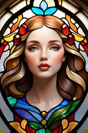 A stained glass window, art nouveau style, with colorful natural motifs and a woman's face in the middle, beautiful, rounded upwards, photorealistic, great focus, lighting, contrast, 4k.,Makeup
