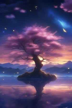 An ultra wide angle display of a mystical sunset scene, showing a starry night filled with clouds, there is a reflection of a sakura tree in the sea in the center, illuminated by fireflies, an epic moment of quiet contemplation and understanding of the meaning of your trip. highly detailed, uhd anime wallpaper, digital animation, epic