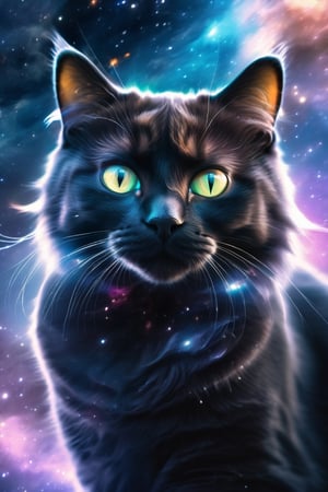 Interstellar nebula, beautiful head of a black cat covered by nebula, blurred colors, realistic, 4k.,realcat,composed of elements of thunder锛宼hunder锛宔lectricity