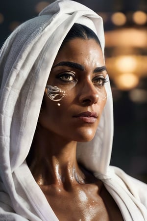 Ultra detailed, focused, intricate and symmetrical of a beautiful Isis covered profile portrait of a woman in a white robe, beautiful soft studio lighting, edge lighting, vibrant details, luxurious mischief, hyper-realistic, anatomical facial muscles. Blade Runner atmosphere, elegant, octane rendering, Caravaggio style photos, 8k.,Makeup