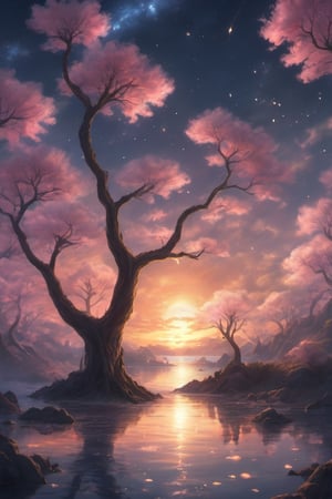 A wide angle visualization of a mystical scene of a sunset, showing a starry night filled with clouds, there is a reflection of a sakura tree in the sea in the center, illuminated by fireflies, an epic moment of quiet contemplation and understanding the meaning of your journey. highly detailed, uhd anime wallpaper, digital animation, epic, beautifully pictorial,painted world