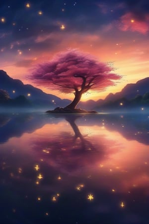 An ultra wide angle display of a mystical sunset scene, showing a starry night filled with clouds, there is a reflection of a sakura tree in the sea in the center, illuminated by fireflies, an epic moment of quiet contemplation and understanding of the meaning of your trip. highly detailed, uhd anime wallpaper, digital animation, epic