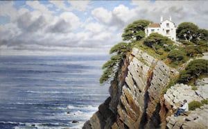 Victorian Manor on cliff ledge, high above the ocean, cloudy_sky, windy, oil painting 