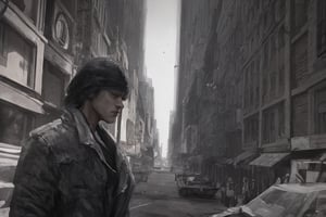 graphic novel illustration, telephoto angle of long street in deserted new york city, man looking out window, distopian, apocalyptic,ANIME 