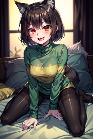 (Chara), natural breasts, green shirt with yellow stripes, black shorts, pantyhose, bright red eyes, with random sexy positions, cama, pantimedias negro, Fox girl, with an excited face, naked, with random sexy positions, sexo naked naked naked naked naked naked naked naked naked naked 