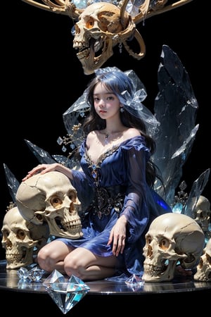 (white background:1.5), 1 girl, mid shot, full body, (((transparent ghost girl's soul comes out of the body))), focus on the face, ((rich in details, sitting gracefully on the crystal skull pile, looking down)), magazine cover, (rich in details), masterpiece, Gothic, (crystal skull decoration, crystal skull pattern), (horrible atmosphere), long eyelashes, large eyes, fine eyes, cyan transparent lips, ((beautiful and delicate face)), shadow, Tindal effect, (Balance and coordination between all things), ((sickly, cruel, evil, lovely)), (glowing blue eyes, particle effects), (delicate crystal skeleton human body, hand bone of crystal skeleton, leg bone of crystal skeleton), bony beauty, ribbon binding, (delicate crystal bone), absurdity, blue flame, plasma, particle effects, crystal clear texture, star_\(sky\), space, d, High detailed , xjrex, 3DMM ,lactating,masterpiece,1 girl,renaissance