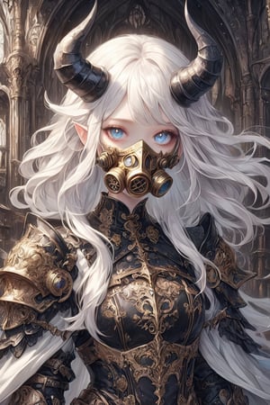 1 girl, (masterful), blur, black_hair, albino demon girl,beauty blue eyes,Intricate Iris Details,heterochromia_iridis,(Gothic style gas mask),(long intricate horns:1.2) ,pure white hair,Wearing Medieval black Knight Armor,Gold carved full plate Armor,
best quality, highest quality, extremely detailed CG unity 8k wallpaper, detailed and intricate, 
,steampunk style,perfecteyes,Christmas Fantasy World,dal,emo