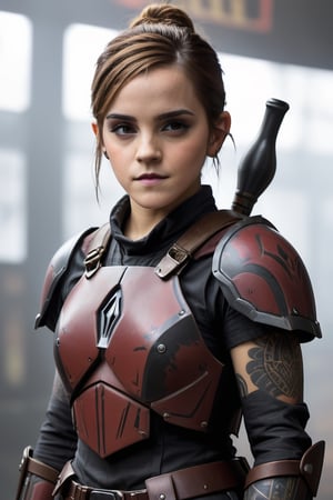18 years old, mandalorian with black and red armor, tattoo patterns in the armor,   tattoo artist bounty hunter, gothic, cyberpunk, japan style, no helment, Emma Watson 