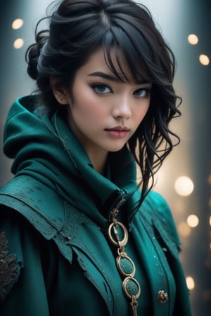 An award-winning closeup photo of a female model wearing a baggy teal distressed medieval cloth womenswear jacket by alexander mcqueen, 4 k, studio lighting, wide angle lens,DonMCyb3rN3cr0XL ,NIJI STYLE,DonMD34thM4g1cXL,mecha_musume