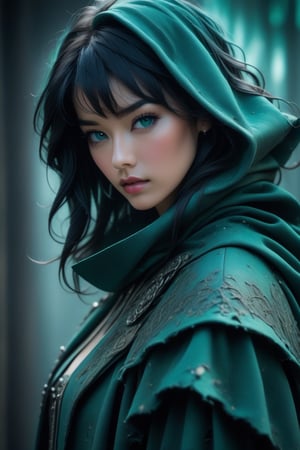 An award-winning closeup photo of a female model wearing a baggy teal distressed medieval cloth womenswear jacket by alexander mcqueen, 4 k, studio lighting, wide angle lens,DonMCyb3rN3cr0XL ,NIJI STYLE,DonMD34thM4g1cXL,mecha_musume