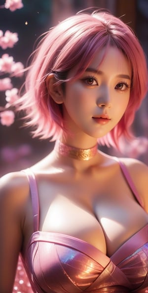 best quality, masterpiece, beautiful and aesthetic, 16K, (HDR:1.4), high contrast, pink eyes, bokeh:1.2, lens flare, (vibrant color:1.4), (muted colors, dim colors, soothing tones:0), cinematic lighting, ambient lighting, sidelighting, Exquisite details and textures, cinematic shot, Warm tone, (Bright and intense:1.2), wide shot, by playai, ultra realistic illustration, siena natural ratio, anime style, (ancient Japanese theme:1.4), (warrior girl costume:1.4), Short Wave pink hair,, , Artwork by h. r. giger and beksinski, ink stained cellophane, 60-30-10 color rule, style of Dark Crystal, style of Nan Goldin, production cinematic character render, art deco, busy, insanely detailed mountainous location, littered, chaos, smoke, rays of magical light, peridot crystals, rule of thirds, sfumato, floating particles, volumetric lighting, detailed face features, sharp eyes, perfect eyes, naturalistic, soft natural lighting, ornate, (straight hair:1.5),sakura haruno,smile, (huge_boobs:2.5), willowy, chiseled, (hunky:3), body Rotation 180 degree,((full body)),skpleonardostyle,NIJI STYLE,niji5,dripjacket